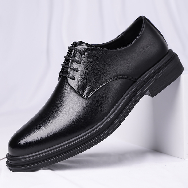 尖头皮鞋男士潮流商务婚礼正装休闲韩版橡胶套脚系带新款跨境大码