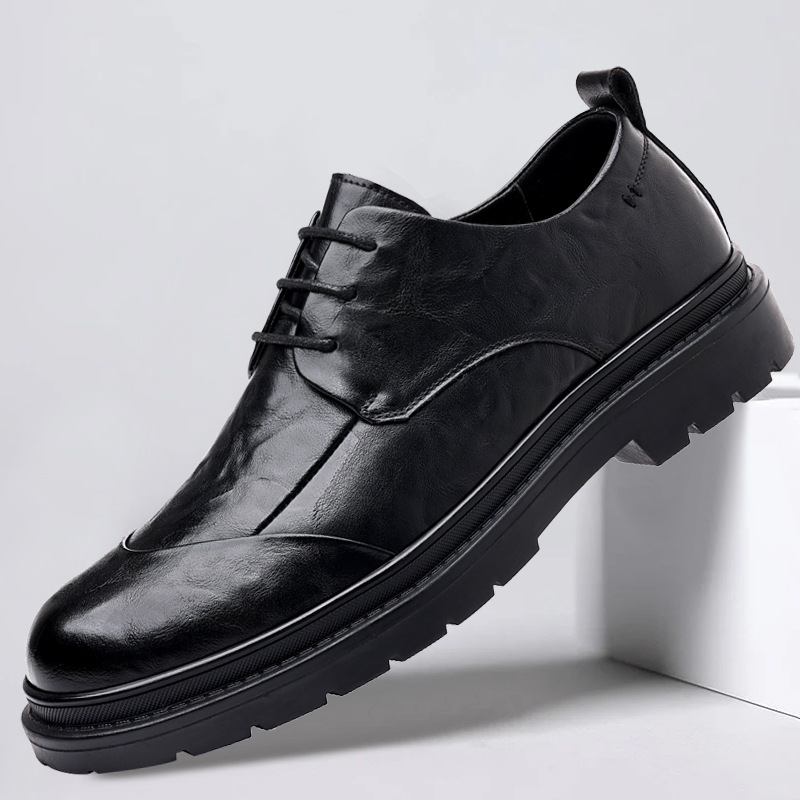 面试上班皮鞋男青年商务休闲皮鞋手抓纹男鞋系带英伦风新郎婚礼鞋