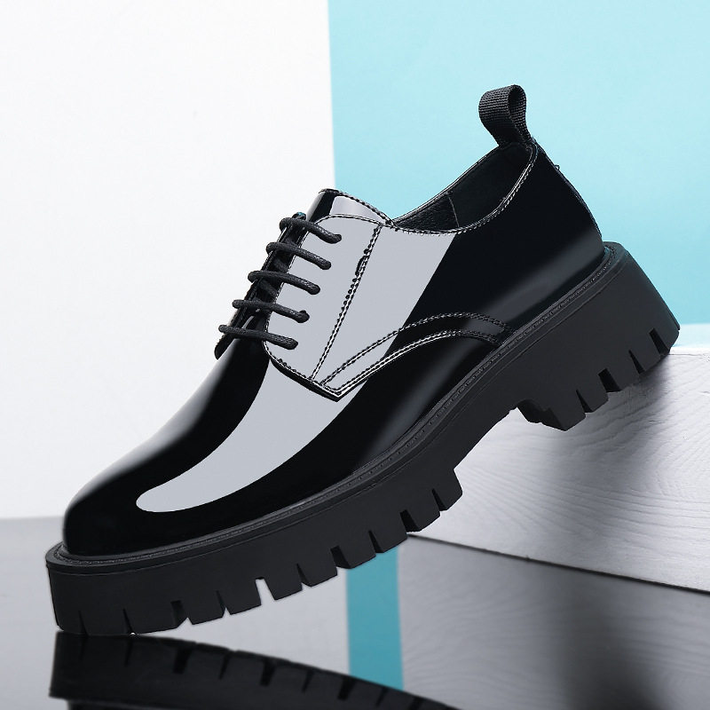 漆面皮商务休闲皮鞋真皮大头鞋厚底正装男鞋光面亮面圆头正式皮鞋