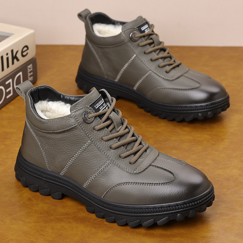 冬季新款羊毛保暖男士棉鞋防滑休闲加绒东北中年高帮男款大码男鞋