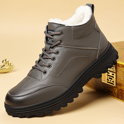 头层牛皮冬季棉鞋加厚加绒保暖爸爸真皮厚底鞋子男士休闲皮鞋男鞋