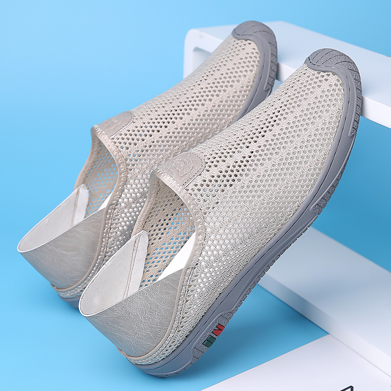 夏季新款男鞋一脚蹬懒人休闲鞋透气网面镂空洞洞鞋跨境男士跑步鞋