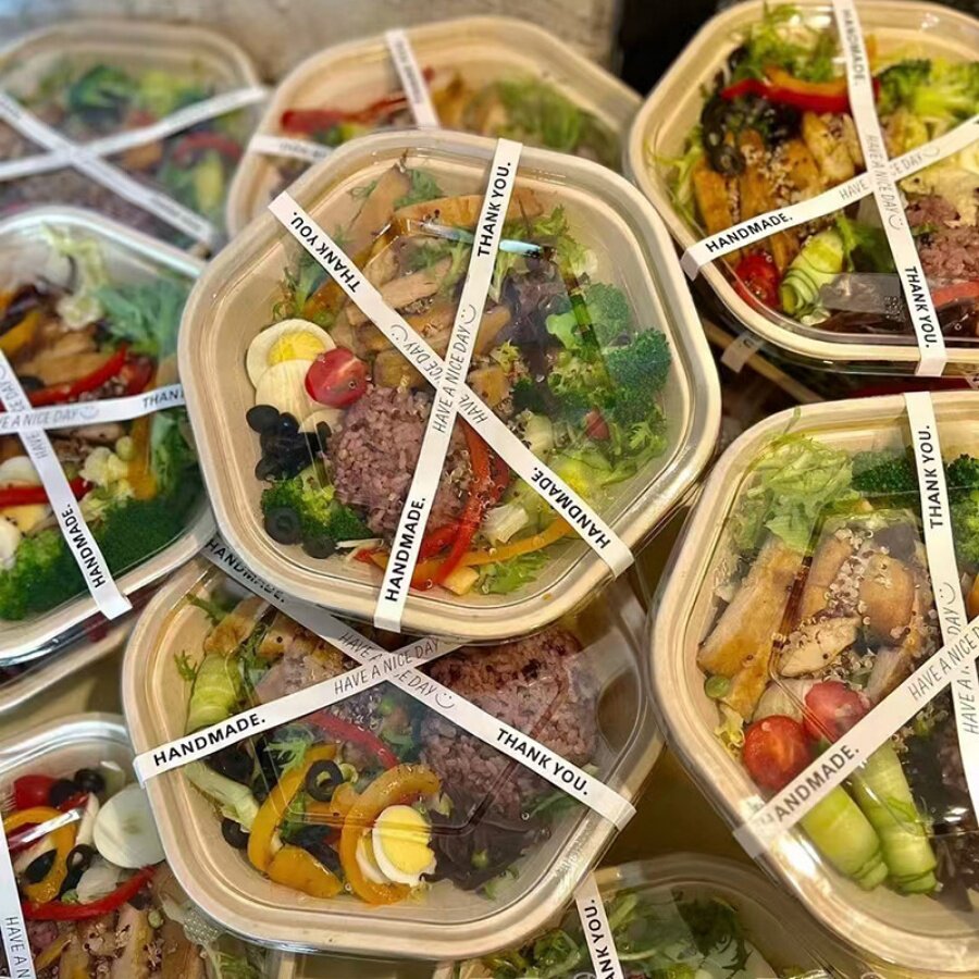 六角碗一次性饭盒环保纸浆餐盒六边形打包盒带盖便当沙拉轻食纸碗 - 实物图
