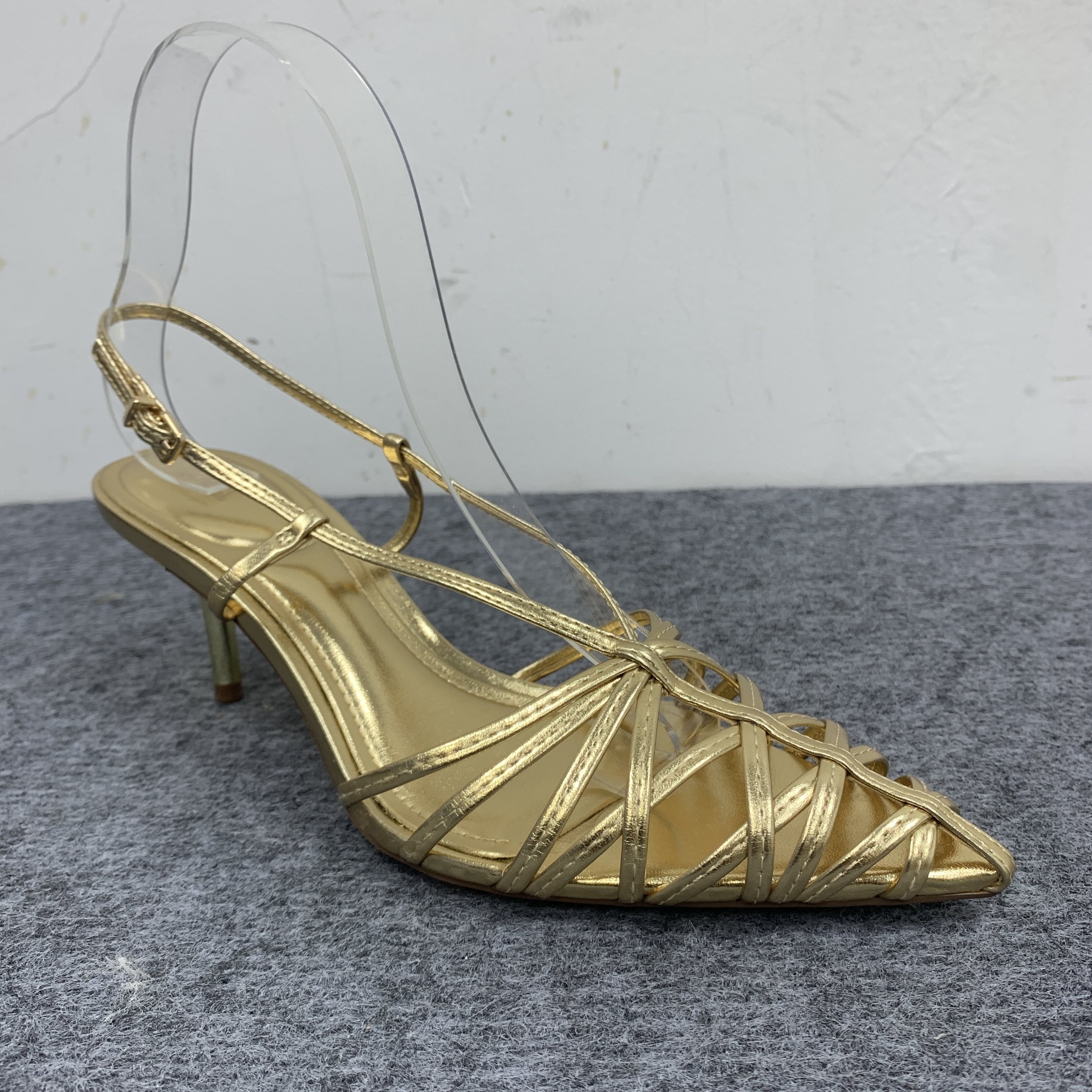 Europe and America Tail goods sexy Sandals female summer Wear out breathable Fine heel Hollow out Straight buckle Sharp point golden high-heeled shoes