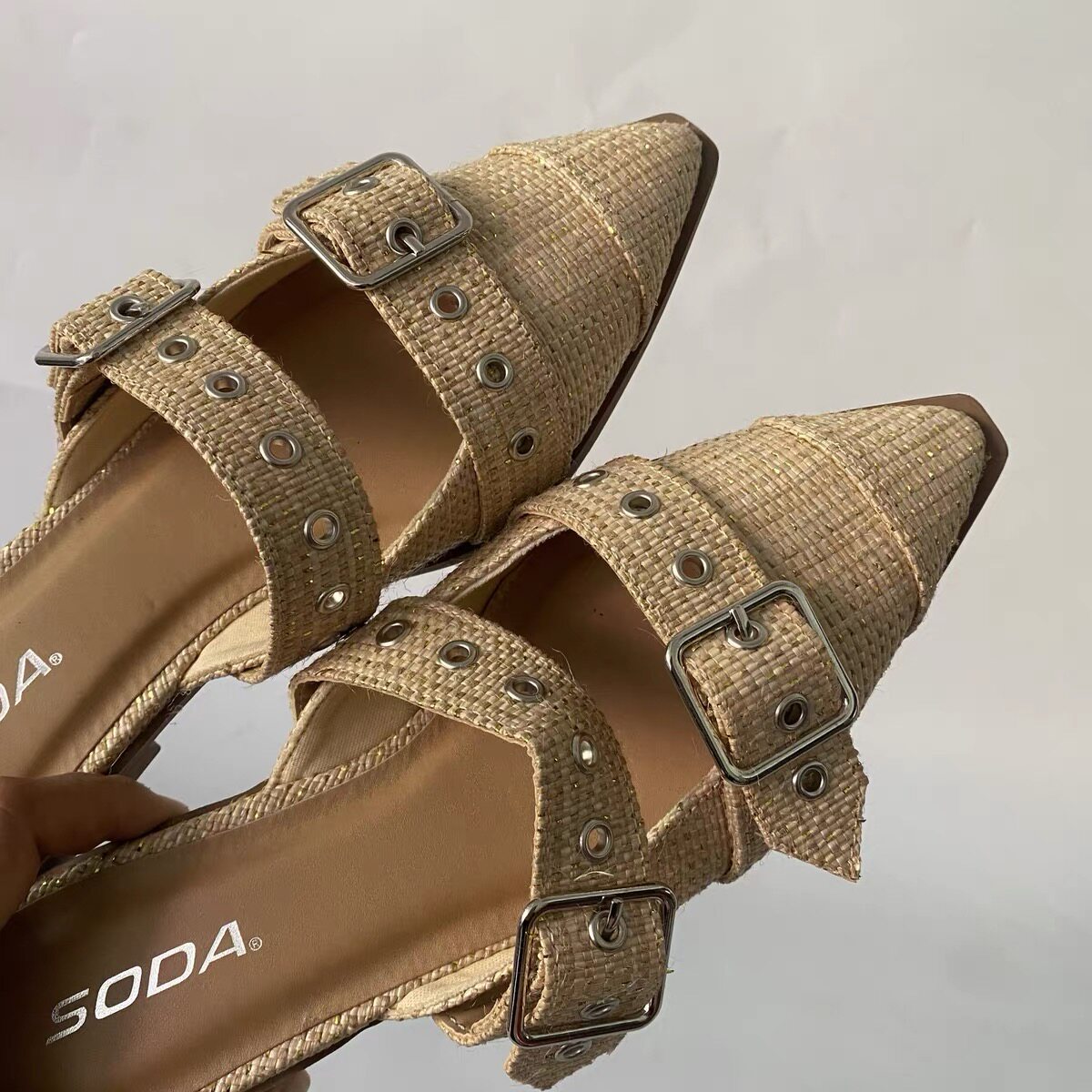 Baotou sandals  female Small square heel Sharp point Half drag 2025 The new European and American fashion female slipper Little fragrance Straw weaving drag