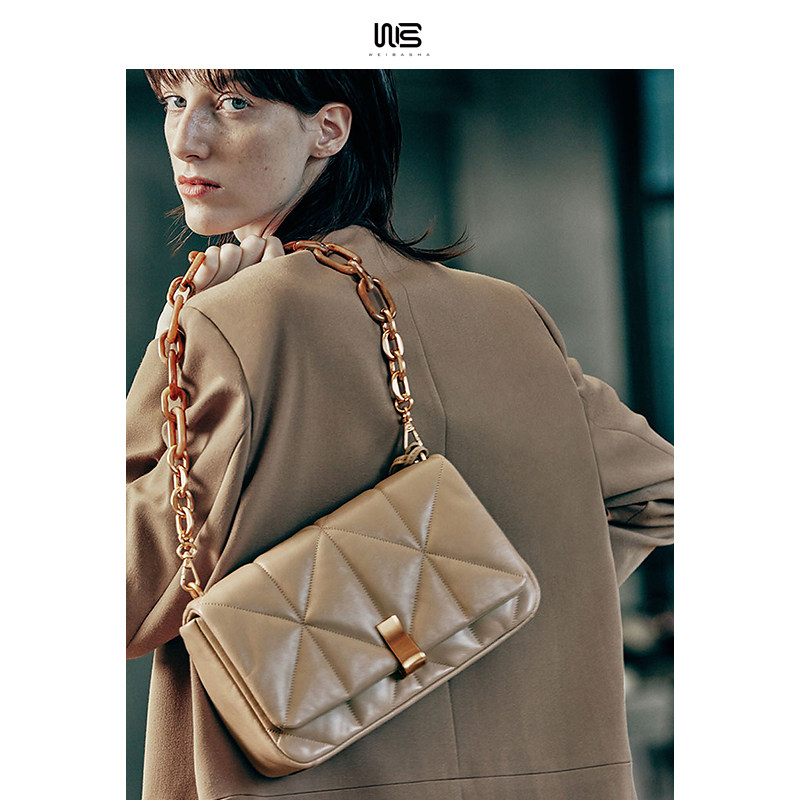 微芭莎小众包包2022新款潮真皮休闲菱格链条包轻奢女包单肩斜挎包