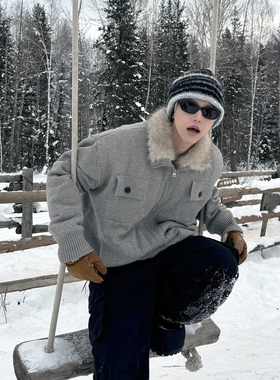 冬季2025美式复古毛领棉服男款加绒加厚座山雕宽松情侣针织外套潮