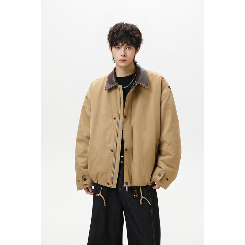 冬季美式复古PU皮拼接翻领夹克棉服男款加绒加厚短款宽松棉衣外套