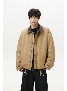 冬季美式复古PU皮拼接翻领夹克棉服男款加绒加厚短款宽松棉衣外套
