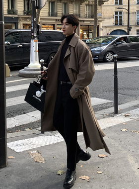 秋冬高级感中长款风衣男韩版宽松潮流帅气过膝大衣双排扣战壕外套