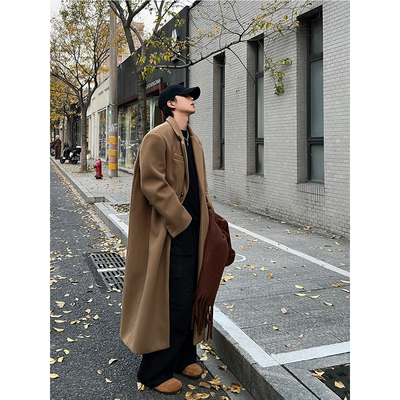 秋冬垫肩毛呢大衣男中长款过膝韩版宽松高级感加厚风衣呢子外套潮