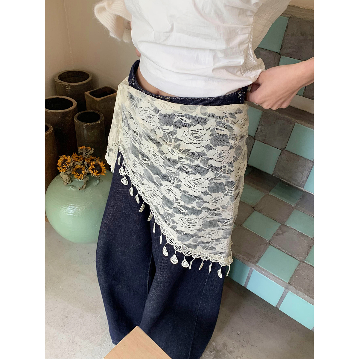 钩花三角巾流苏裙帘丝巾叠穿屁帘