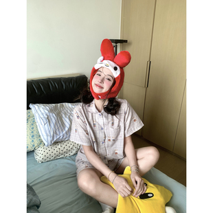 格纹短裤 馨帮帮 可外穿薄款 睡衣套装 家居服女夏 可爱卡通兔子短袖