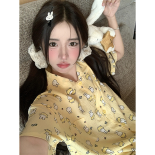 馨帮帮 可爱卡通兔子睡衣女款夏薄款皱褶翻领短袖短裤家居服套装