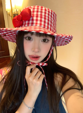 馨帮帮 蝴蝶结红色格纹礼帽大帽檐系带渔夫帽可爱登山帽遮阳帽女