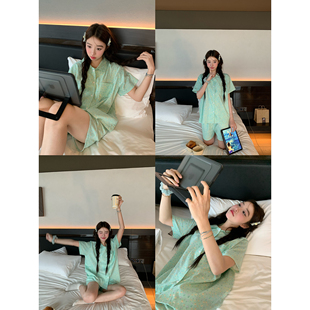 透气短裤 馨帮帮 套装 蓝色碎花翻领睡衣裤 家居服两件套女 2026夏季
