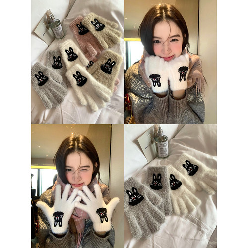 保暖可触屏加厚加绒兔子五指手套