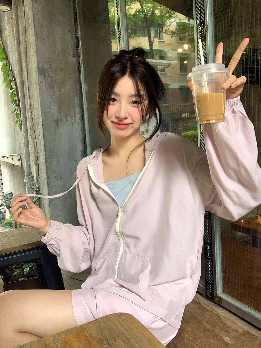 拉链连帽防晒服外套短裤两件套