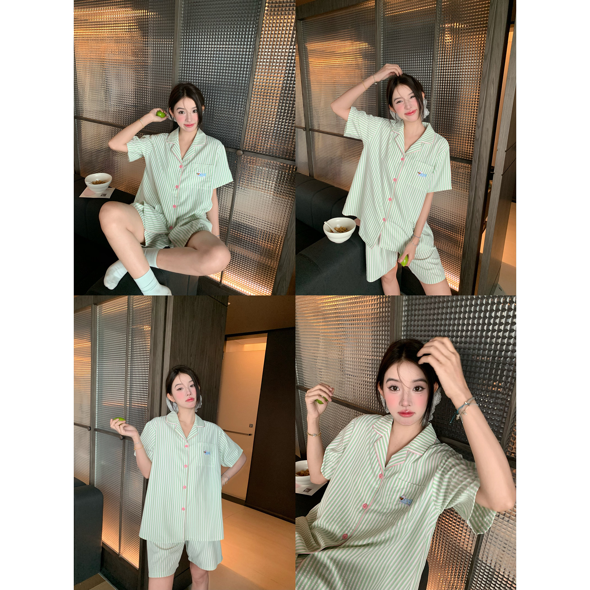 馨帮帮 条纹翻领睡衣女款夏薄款卡通可爱小狗短袖短裤家居服套装