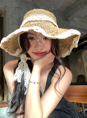 馨帮帮显脸小编织防晒遮阳帽子田园风休闲百搭蕾丝拼接系带草帽女