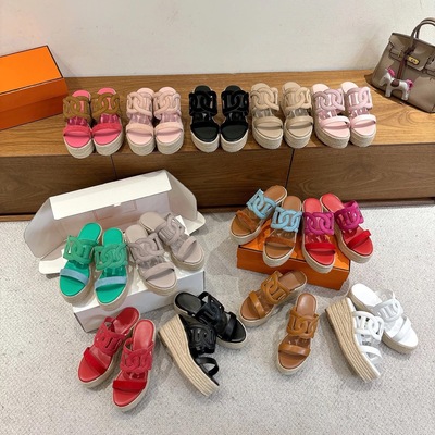 2026春夏新款猪鼻子坡跟厚底麻绳草编防水台一字带凉拖鞋女夏外穿