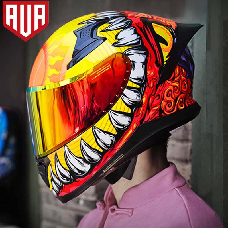 ava头盔饕餮机甲摩托车头盔男女机车醒狮忍者g318四季双镜片全盔