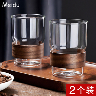 冰咖啡杯木环防烫玻璃杯家用喝水杯子耐热高硼硅玻璃杯咖啡杯套装