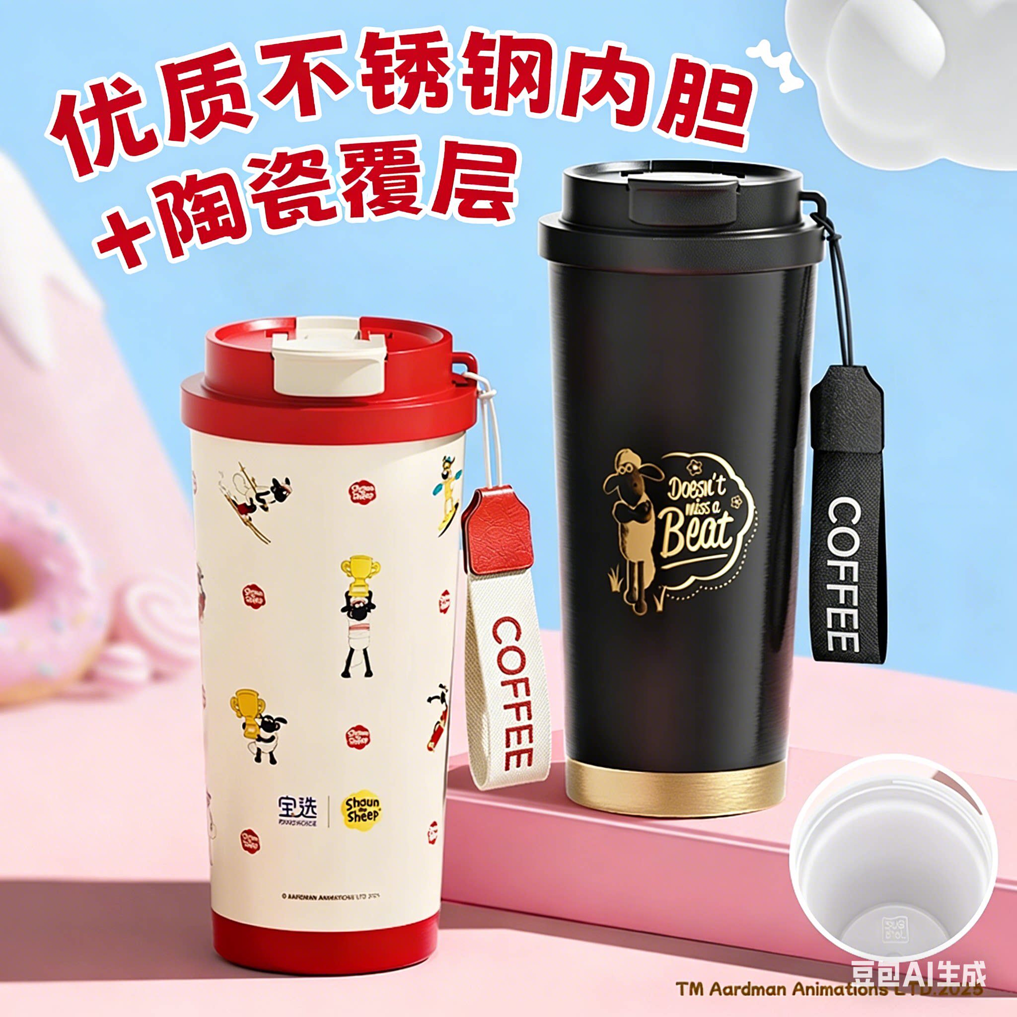 小羊肖恩保温杯女陶瓷内胆学生高颜值吸管水杯办公室便携咖啡杯子