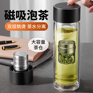 茶杯磁弹泡茶杯2023男新款办公温显双层磁吸茶水分离杯子玻璃水杯