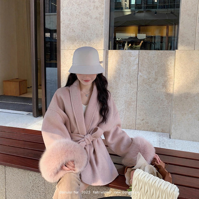 留洋千金风2025秋冬双面羊毛大衣女狐狸毛皮草斗篷感毛呢外套