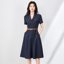 2507906-南油高品质牛仔连衣裙翻领收腰修身A字通勤职业显瘦女装