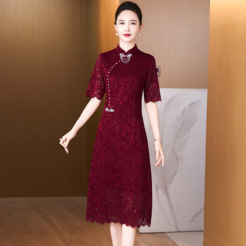 2025年春夏季短袖旗袍蕾丝亮片礼服女喜妈妈婆婆装优雅气质