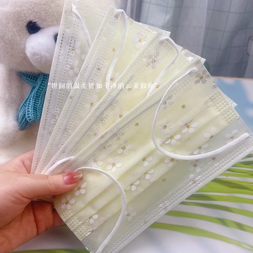 爆款轻薄透气款一次性网纱口罩 女神浅黄色樱花 网纱+2层无纺布