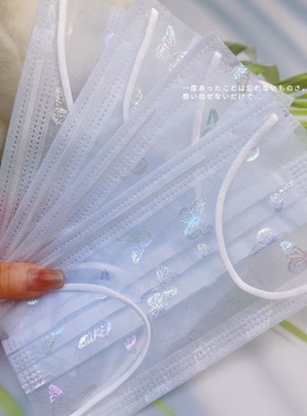 夏天薄款 一次性2层网纱口罩 浅蓝色蝴蝶 学生潮款轻薄透气高颜值