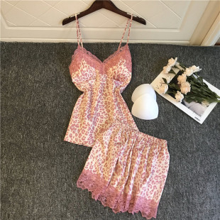 性感睡衣女夏冰丝绸吊带背心短裤私房吊带胸垫短裤两件套薄款豹纹