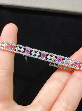 银镶天然粉色蓝宝石手链 手排粉蓝宝宝石大气漂亮 石尺寸3*4mm