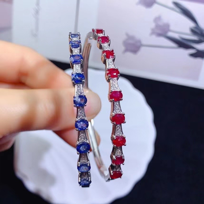 s925银镶天然蓝宝石 鸽血红红宝石手镯 主石尺寸3.5×4.5 奢华款