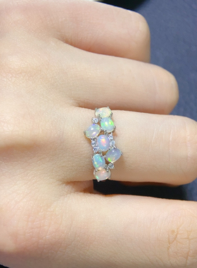 s925银镀金戒指天然欧泊3*4mm时尚百搭镶嵌欧泊石白欧泊戒面