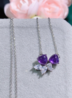 轻奢天然紫水晶甜美爱心项链鸽血红喜庆双心吊坠锁骨链ins风