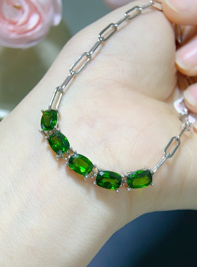 天然透辉石手链，925银镶嵌，主石尺寸5*7mm 天然支持检测