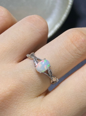 高货天然欧珀开口戒传说中五彩斑斓的白925纯银主石