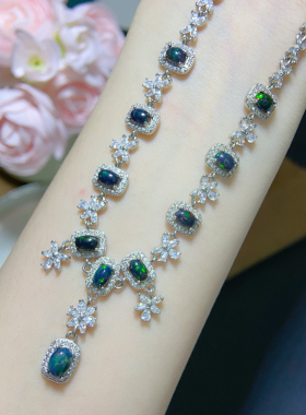 奢华澳洲黑欧泊晚宴会年会生日首饰套装女新娘结婚纱礼服项链配饰