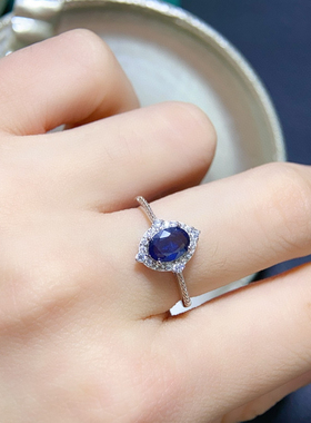 银饰戒指天然蓝宝石戒指5*7mm时尚简约百搭日韩清新戒托女代镶嵌