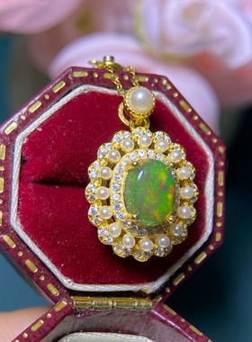 天然欧泊吊坠银镀18k金镶嵌钻石项链女款时尚个性锁骨链送女友