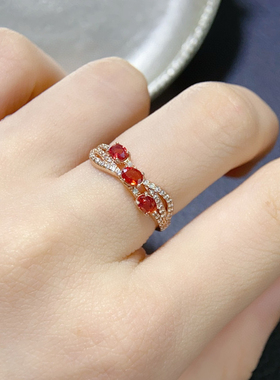 轻奢时尚超闪橙红色天然蓝宝石戒指洋气高贵S925纯银镶嵌现货福利