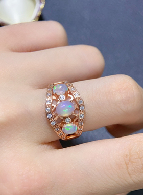 天然炫彩欧泊戒指女s925纯银镀18k金镶嵌活口轻奢小众ins指环礼物