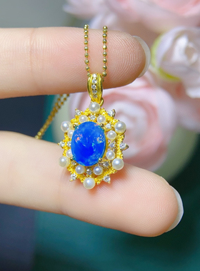 炫彩蓝欧泊吊坠，绝美显白主石7*9mm，S925银精工镶嵌