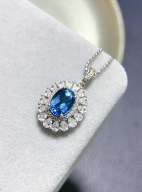 S925纯银新款轻奢天然伦敦蓝托帕石吊坠项链坠8*10mm天然伦敦蓝