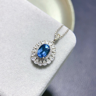 S925纯银新款轻奢天然伦敦蓝托帕石吊坠项链坠8*10mm天然伦敦蓝