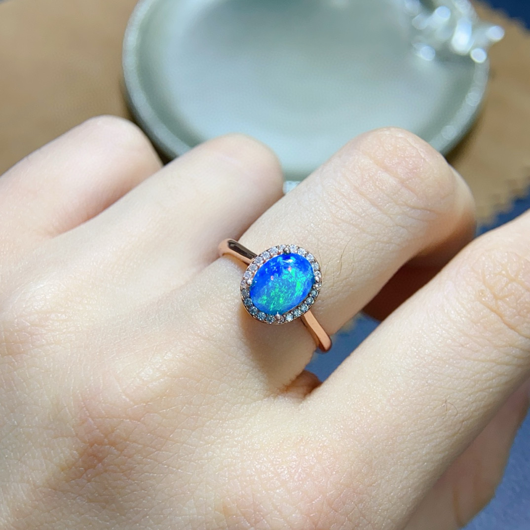 定制款 新品澳大利亚天然宝石七彩斑斓高亮蓝欧泊戒指女戒婚